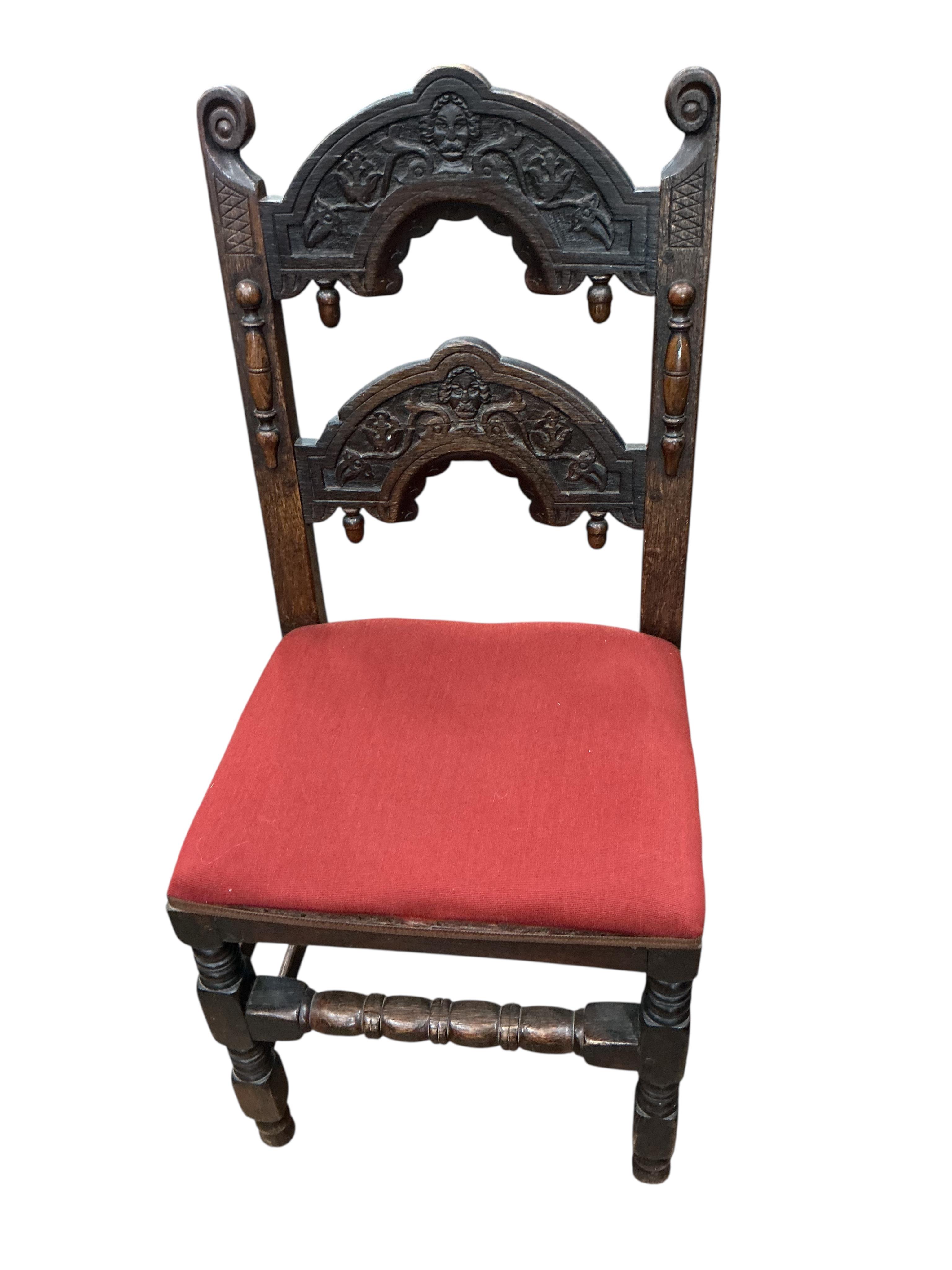 A set of six 18th century style Derbyshire type oak dining chairs, width 47cm, height 99cm